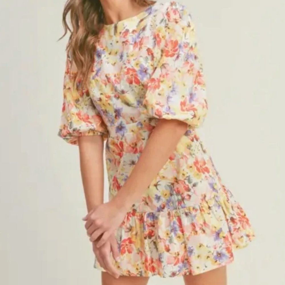 Lush Floral Tie Back Puff Sleeve Dress